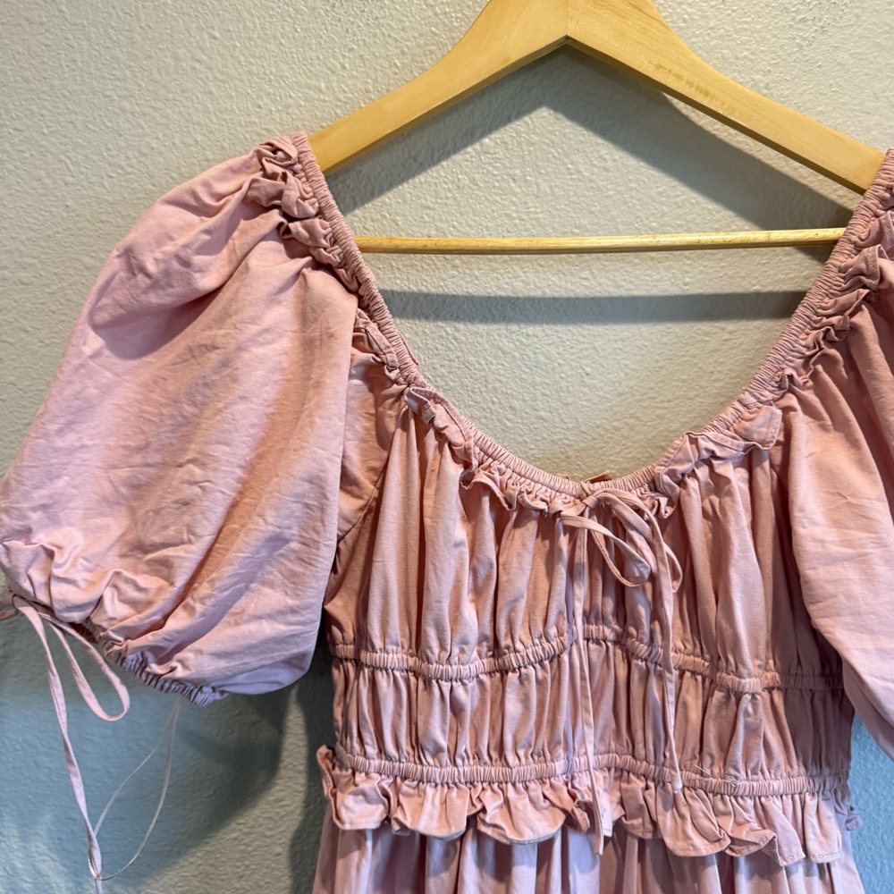 En Saison Poplin Cotton Midi Dress Puff Sleeves Tiered Shirred XS Boho Pink - Picture 4 of 7